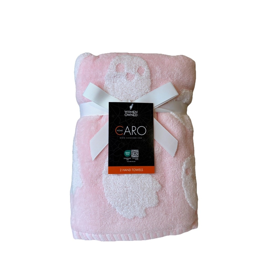 CARO Home Halloween‎ GHOST Pink White Hand Towel Set of 2 NEW!